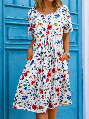 Casual Short Sleeve Crew Neck Floral Midi Dress