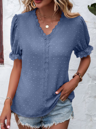 Casual Short Sleeve V Neck Plain Regular Blouse