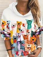 Casual Long Sleeve Hoodie Abstract Floral Dog Loose Regular Sweatshirt