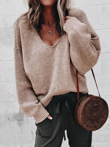 Casual Long Sleeve V Neck Plain Loose Regular Sweater