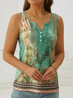 Casual Sleeveless Notched Ethnic Floral Loose Regular Tank Top