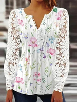 Casual Long Sleeve V Neck Floral Loose Regular Blouse