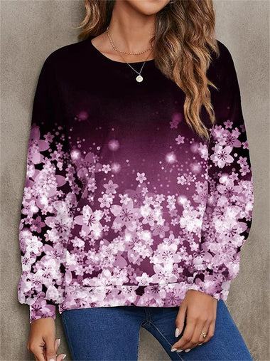 Loose Long Sleeve Crew Neck Floral Casual Regular Sweater