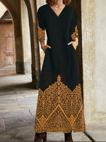 Vintage Long Sleeve V Neck Ethnic Maxi Dress