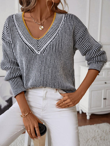 Casual Long Sleeve V Neck Plain Loose Regular Sweater