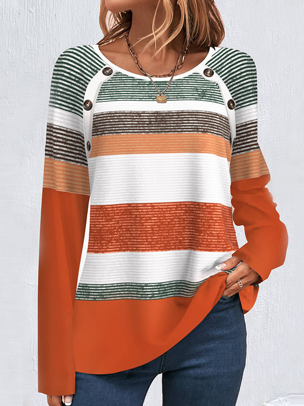 Casual Long Sleeve Crew Neck Striped Loose Regular Blouse