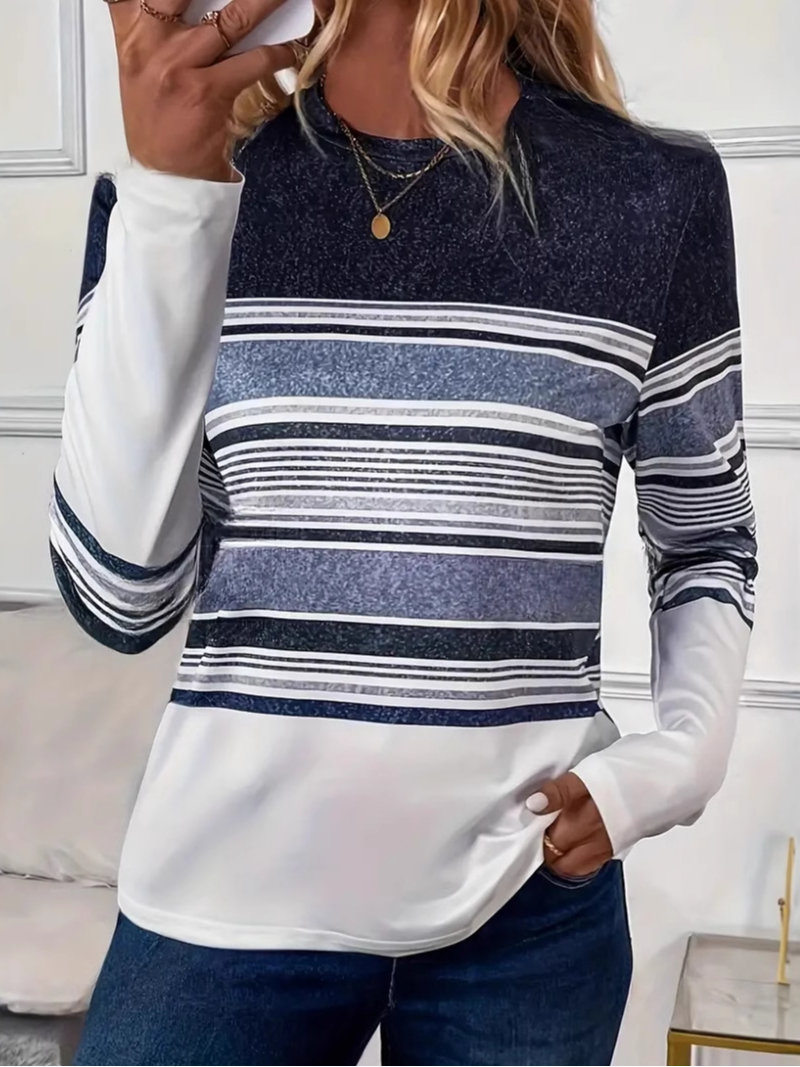 Loose Long Sleeve Crew Neck Striped Casual Regular T-Shirt