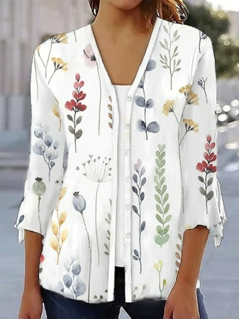 Loose Three Quarter Sleeve Wrap Floral Casual Regular Blouse