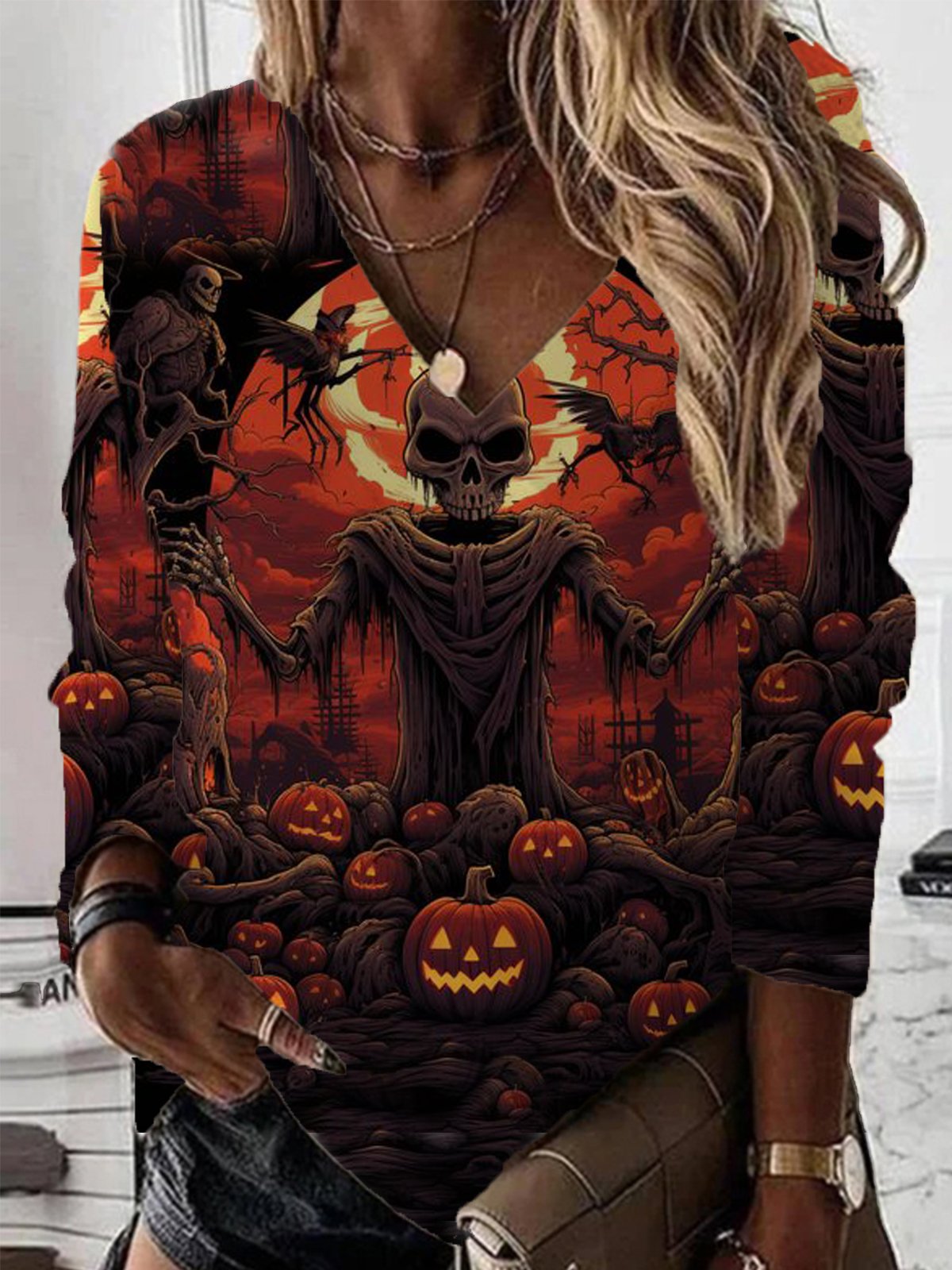 Loose Long Sleeve V Neck Halloween Casual Regular Sweatshirt