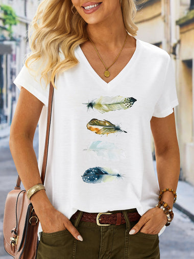 Loose Short Sleeve V Neck Feather Pattern Casual Regular T-Shirt