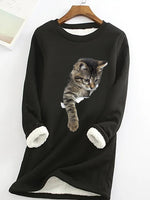 Simple Long Sleeve Crew Neck Cat Loose Regular Sweatshirt