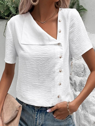 Casual Short Sleeve Shawl Collar Plain Loose Regular Blouse