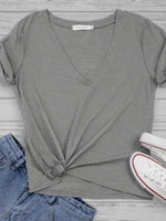 Casual Short Sleeve V Neck Plain Loose Regular T-Shirt