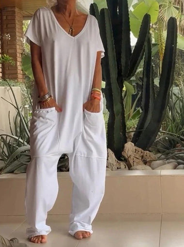 V Neck Short Sleeve Plain Casual Long Jumpsuit