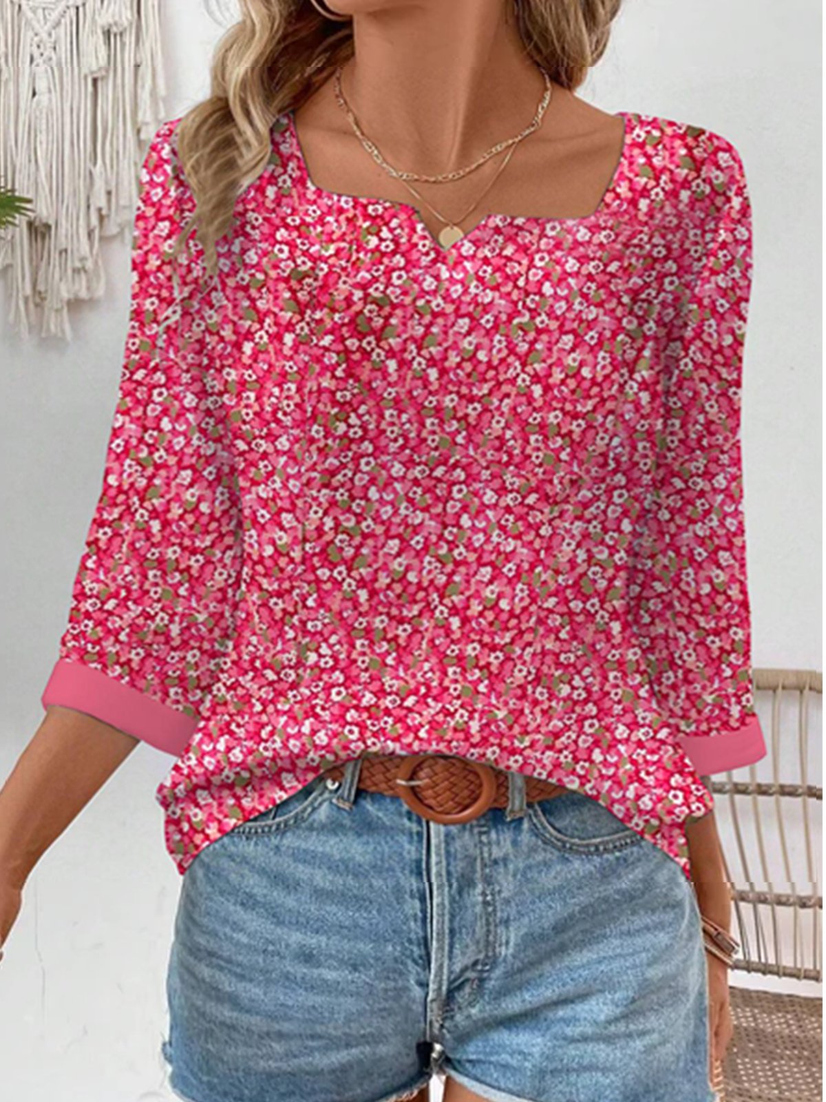 Three Quarter Sleeve Notched Floral Casual Regular Blouse