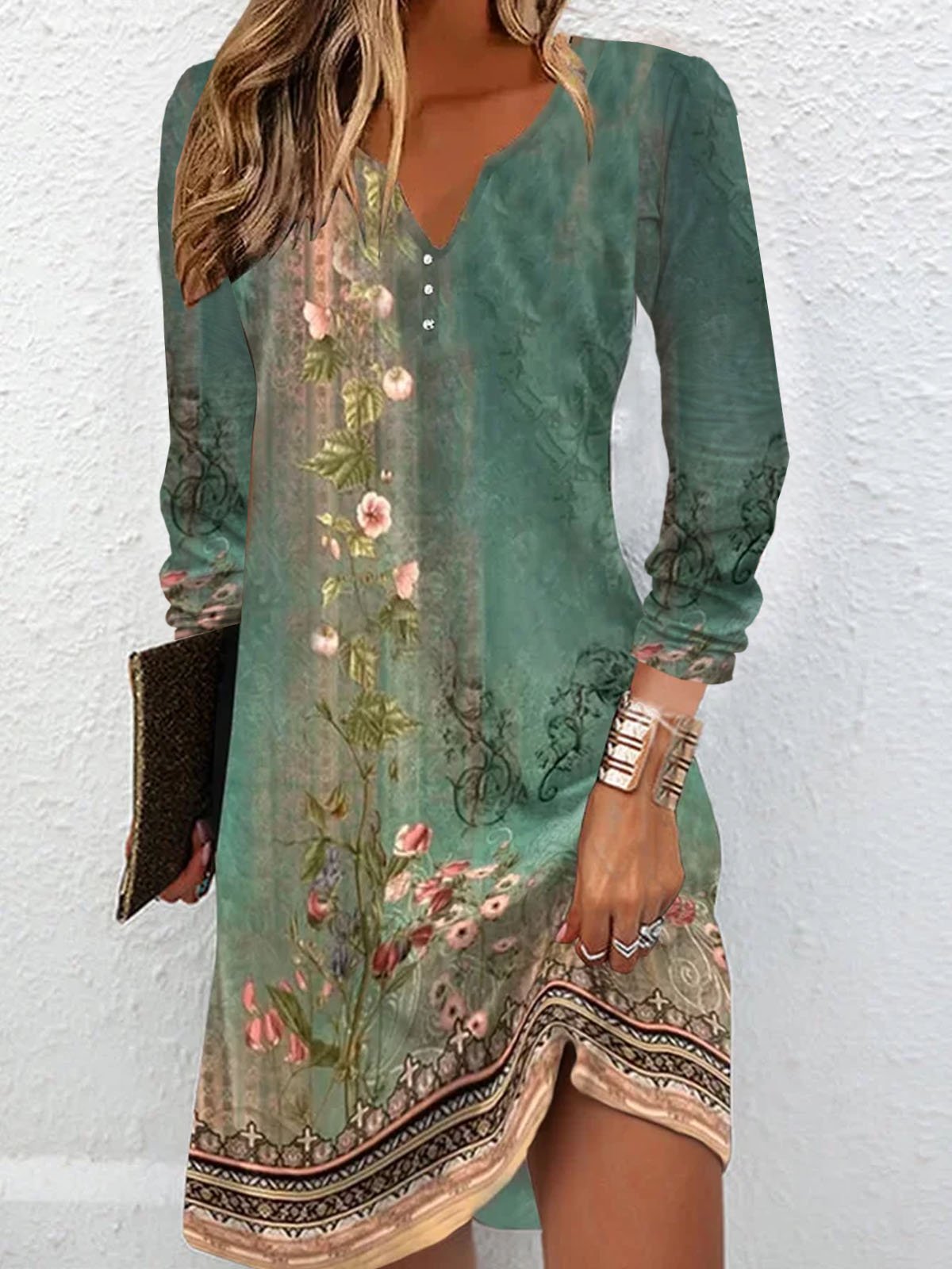 Casual Long Sleeve Notched Floral Loose Short Dress