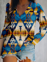 Loose Long Sleeve V Neck Ethnic Geometry Vintage Regular T-Shirt