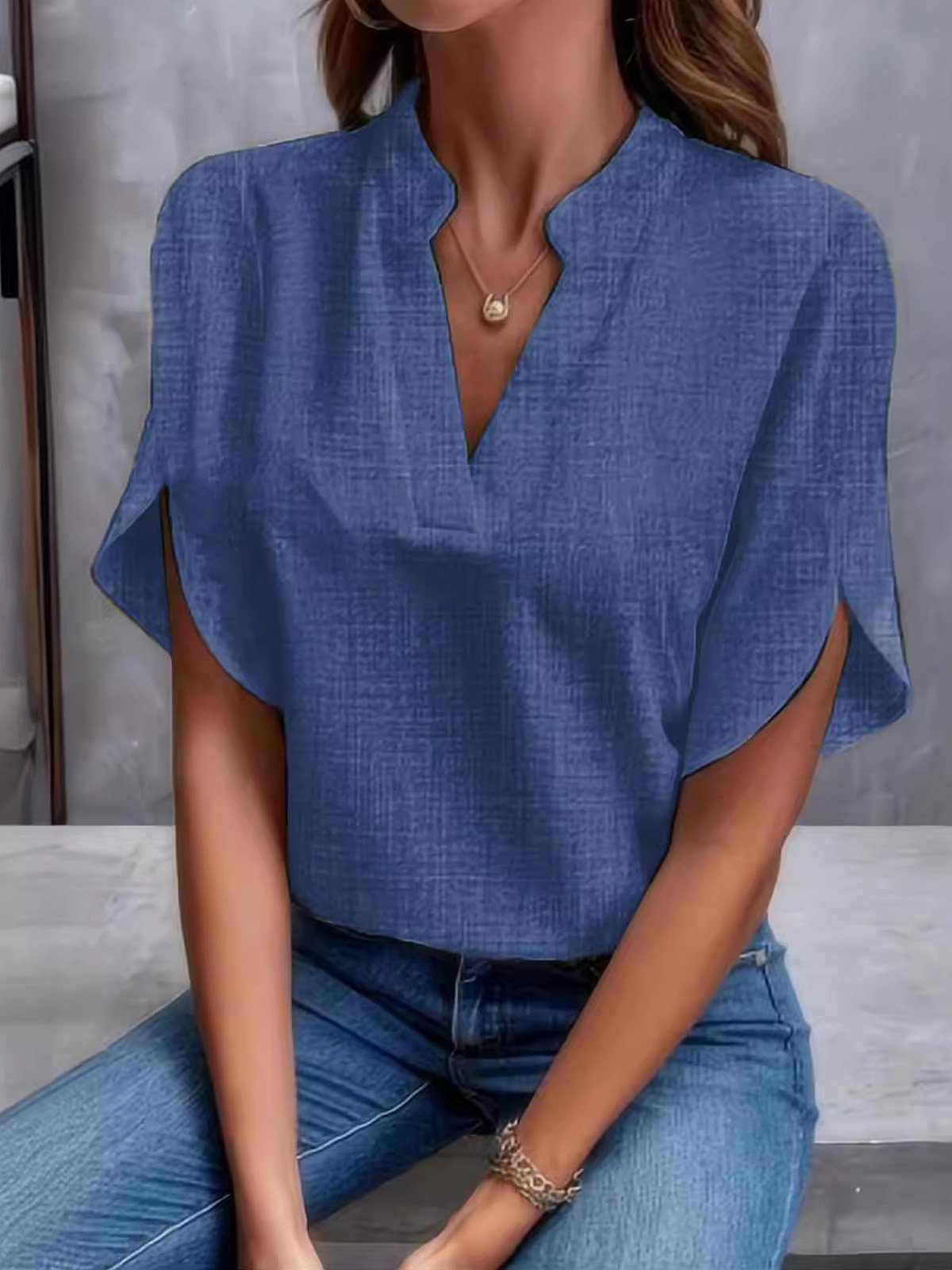 Casual Short Sleeve V Neck Plain Regular Blouse