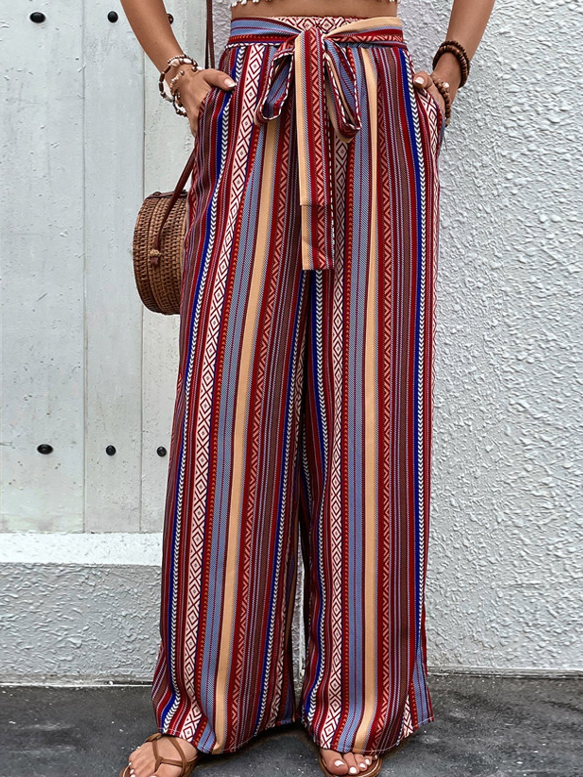 Casual Striped Pocket Stitching Loose Long Pants