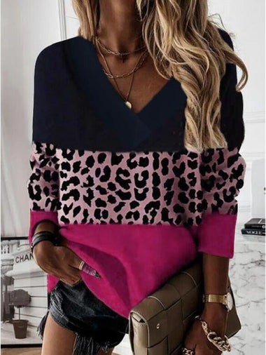 Casual Long Sleeve V Neck Color Block Loose Regular Sweatshirt