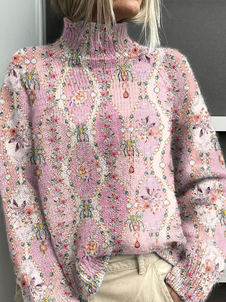 Loose Long Sleeve Turtleneck Floral Casual Regular Sweatshirt