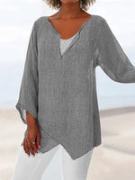 Loose Long Sleeve Notched Plain Asymmetric Linen Mid-Long Blouse