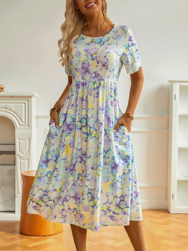 Casual Short Sleeve Crew Neck Floral Ruched Loose Maxi Dress