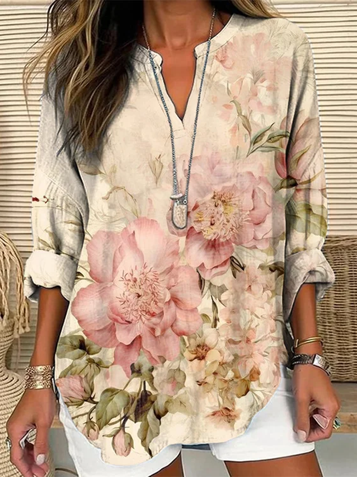 Casual Long Sleeve Notched Floral Loose Regular Blouse