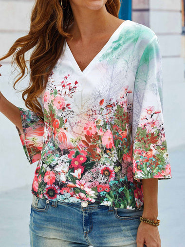 Casual Three Quarter Sleeve V Neck Floral Regular Blouse