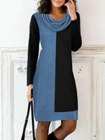 Casual Long Sleeve Turtleneck Color Block Loose Short Dress