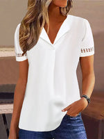 Simple Short Sleeve Shawl Collar Plain Regular Blouse