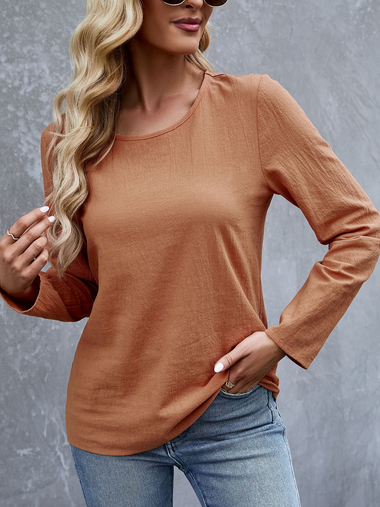 Loose Long Sleeve Crew Neck Plain Casual Regular Blouse