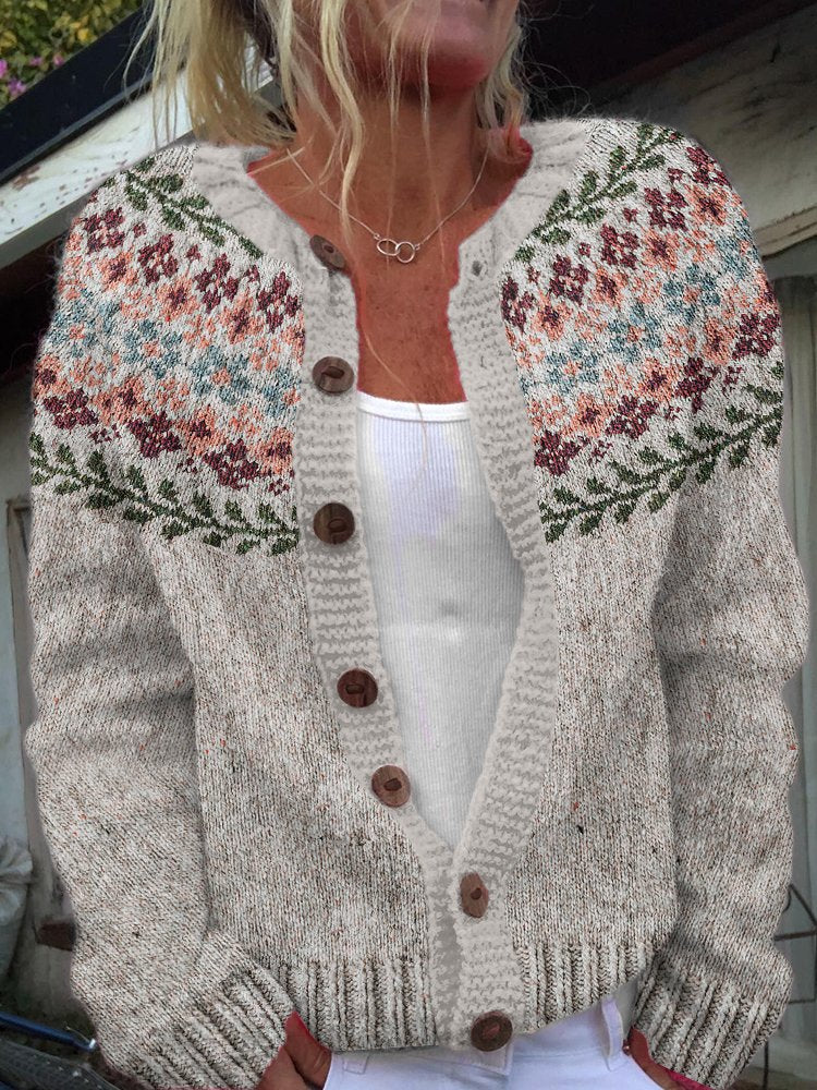 Crew Neck Long Sleeve Plants Casual Regular Cardigan