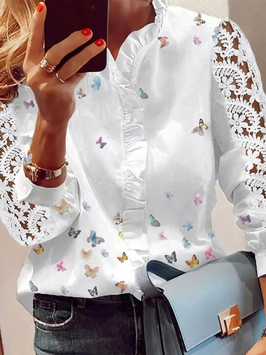 Casual Long Sleeve Butterfly Loose Regular Blouse