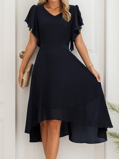 Simple Short Sleeve V Neck Plain Cross Midi Dress