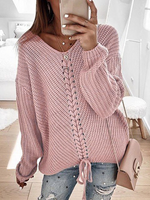 Casual Long Sleeve V Neck Color Block Loose Regular Sweater