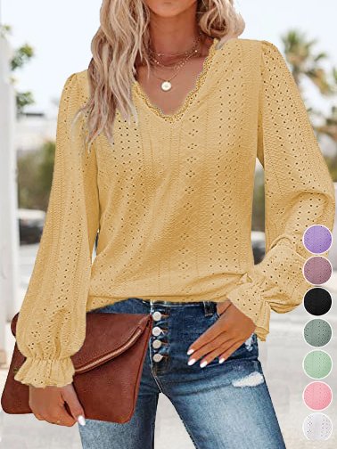 Loose Long Sleeve V Neck Plain Casual Regular Blouse