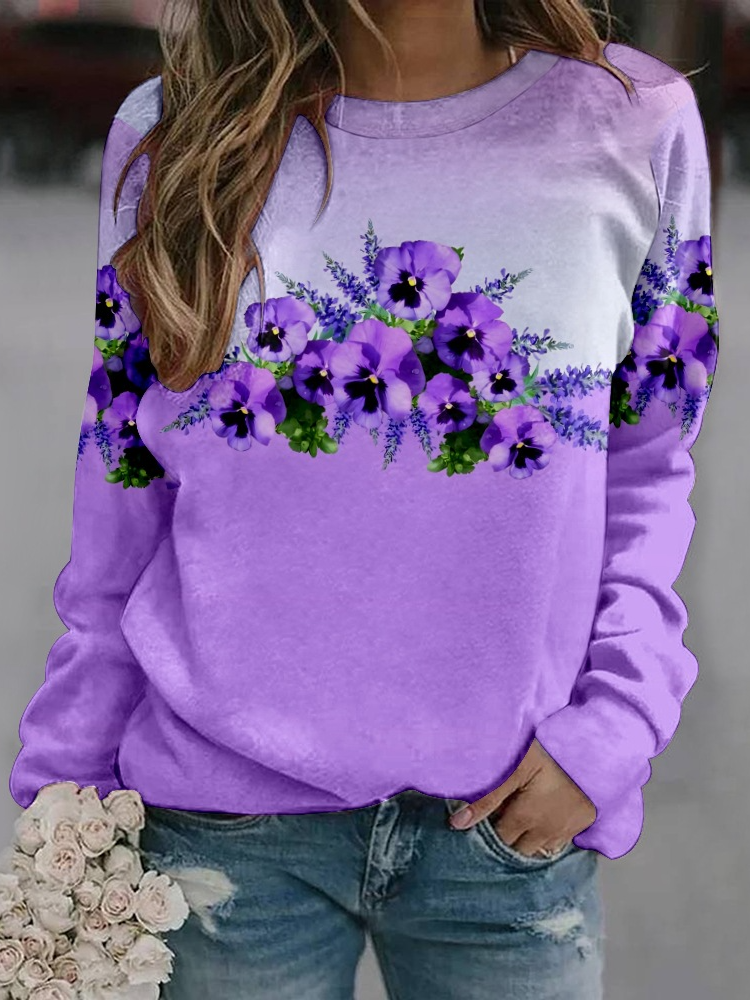 Casual Long Sleeve Crew Neck Purple Floral Loose Regular Sweatshirt