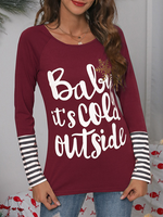 Loose Long Sleeve Crew Neck Text Letters Casual Regular Blouse