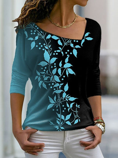 Casual Long Sleeve V Neck Leaf Loose Regular Blouse