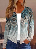 Loose Long Sleeve V Neck Abstract Casual Regular Blouse