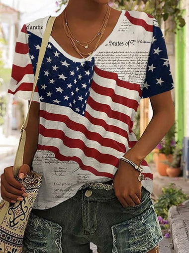 Casual Short Sleeve V Neck America Flag Loose Regular T-Shirt