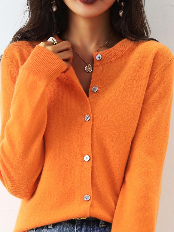 Loose Crew Neck Long Sleeve Plain Casual Regular Cardigan