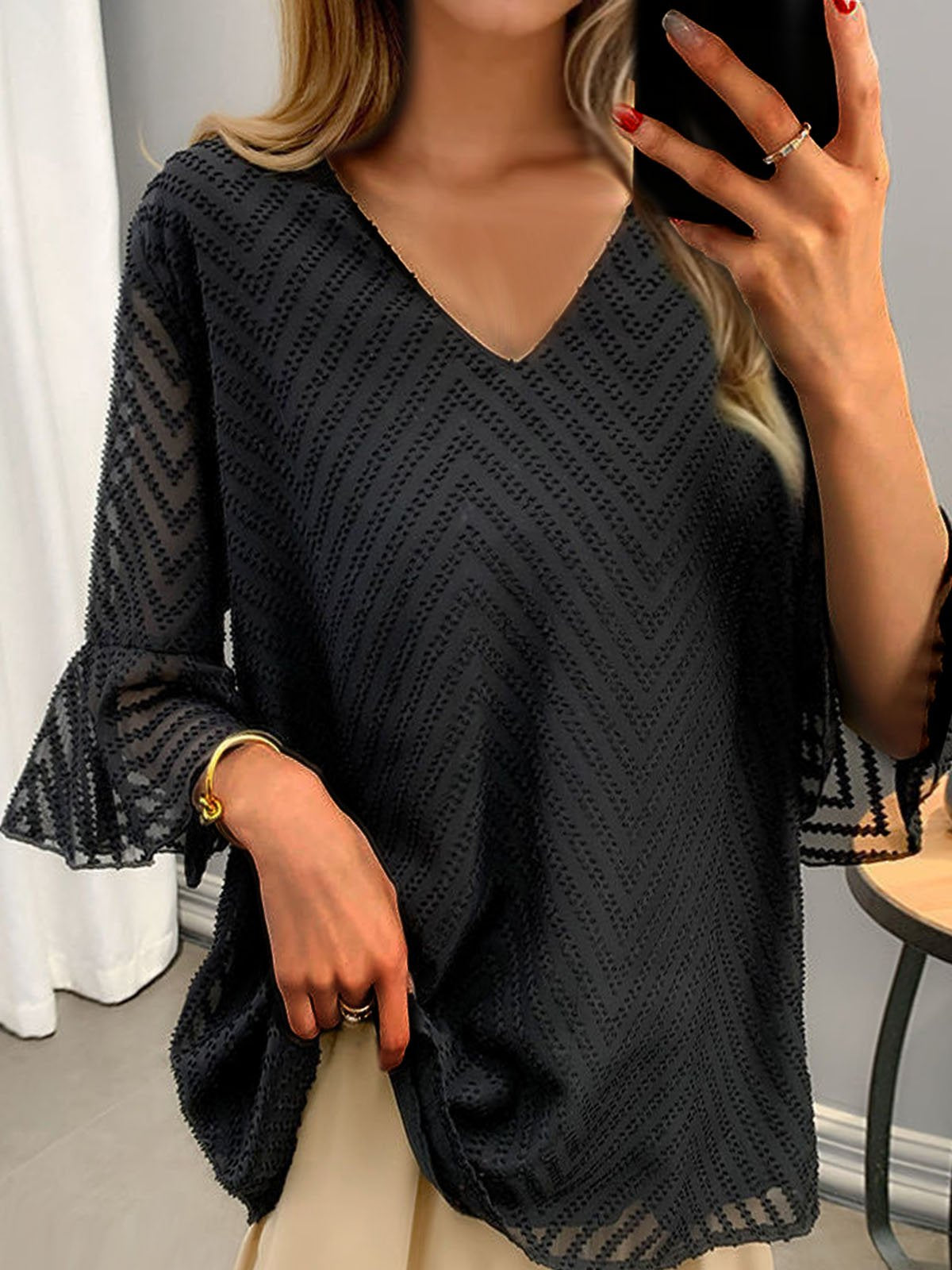 Loose Three Quarter Sleeve V Neck Plain Casual Regular Blouse