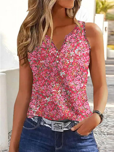 Loose Sleeveless Notched Ditsy Floral Casual Regular Tank Top