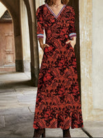 Boho Long Sleeve V Neck Ethnic Floral Maxi Dress