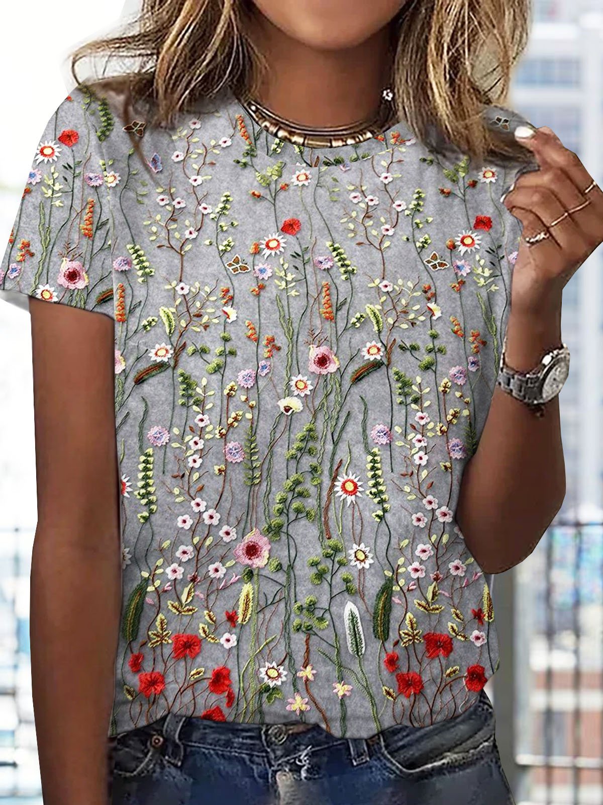 Casual Short Sleeve Crew Neck Floral Loose Regular T-Shirt