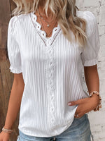 Elegant Short Sleeve V Neck Plain Loose Regular Blouse