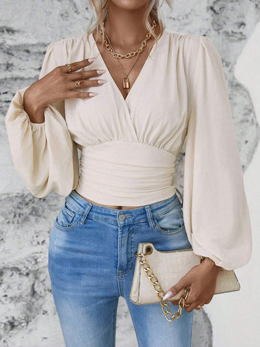 Casual Long Sleeve V Neck Plain Loose Regular Blouse