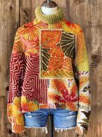 Casual Long Sleeve Turtleneck Floral Loose Regular Sweatshirt